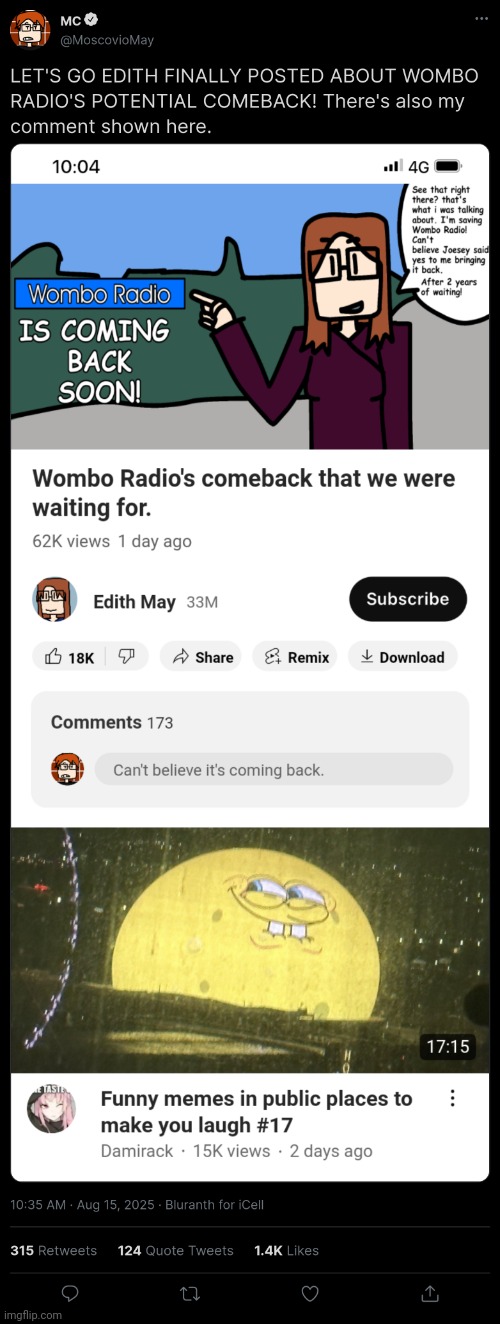 MC's reaction when Edith May finally posted about Wombo Radio's comeback. | image tagged in mc,moscovio may,comics,edith may,wombo radio,wombo radio comeback | made w/ Imgflip meme maker