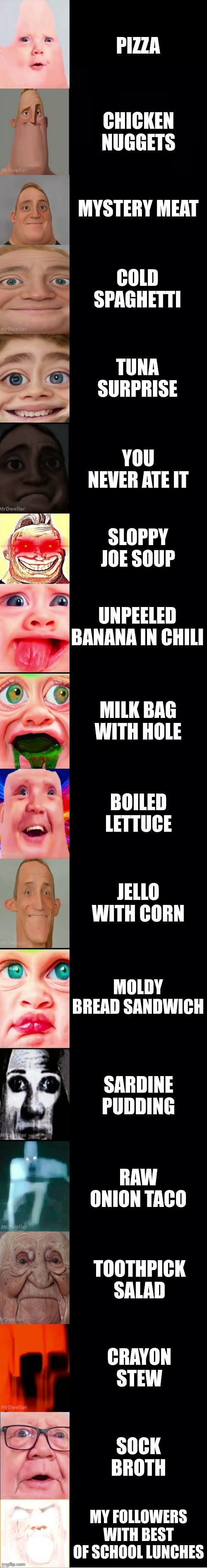 Mr incredible becoming loser: School food | PIZZA; CHICKEN NUGGETS; MYSTERY MEAT; COLD SPAGHETTI; TUNA SURPRISE; YOU NEVER ATE IT; SLOPPY JOE SOUP; UNPEELED BANANA IN CHILI; MILK BAG WITH HOLE; BOILED LETTUCE; JELLO WITH CORN; MOLDY BREAD SANDWICH; SARDINE PUDDING; RAW ONION TACO; TOOTHPICK SALAD; CRAYON STEW; SOCK BROTH; MY FOLLOWERS WITH BEST OF SCHOOL LUNCHES | image tagged in mrdweller fixed template v1 | made w/ Imgflip meme maker