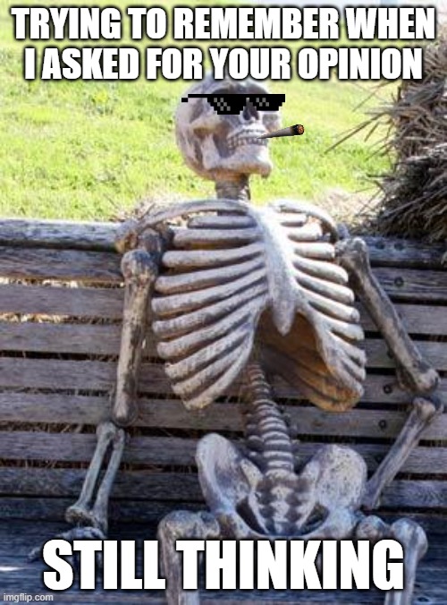 Sarcastic Skeleton | TRYING TO REMEMBER WHEN I ASKED FOR YOUR OPINION; STILL THINKING | image tagged in memes,waiting skeleton | made w/ Imgflip meme maker