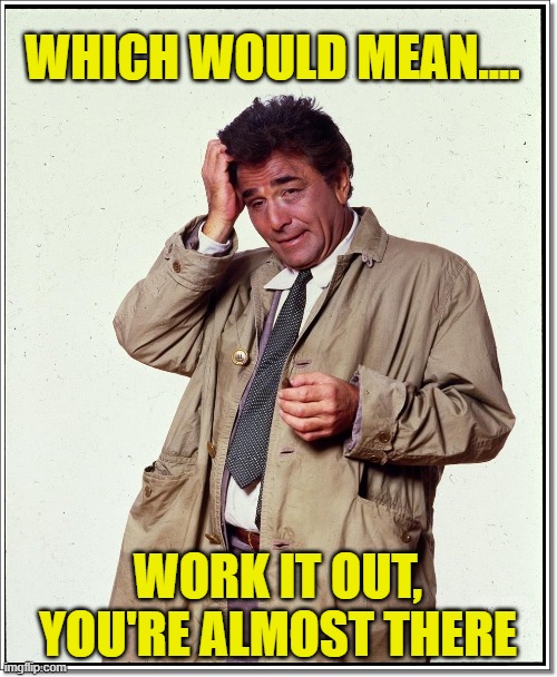 Colombo Peter Falk | WHICH WOULD MEAN.... WORK IT OUT, YOU'RE ALMOST THERE | image tagged in colombo peter falk | made w/ Imgflip meme maker