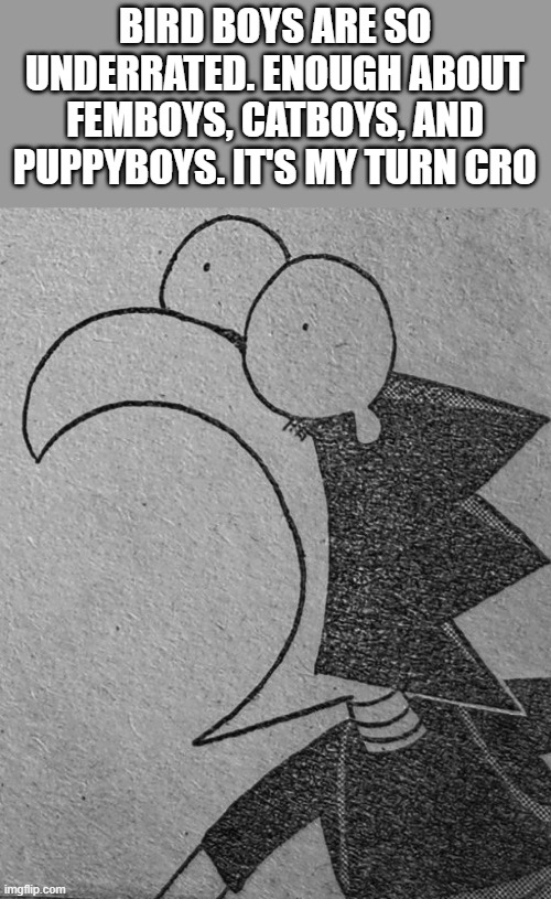 AUGH | BIRD BOYS ARE SO UNDERRATED. ENOUGH ABOUT FEMBOYS, CATBOYS, AND PUPPYBOYS. IT'S MY TURN CRO | image tagged in bro's flabbergasted | made w/ Imgflip meme maker