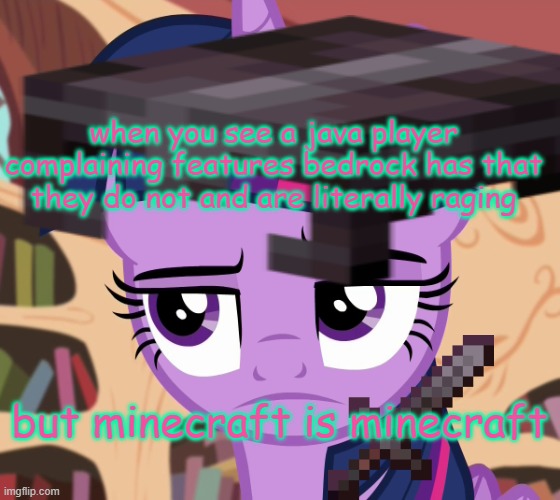 minecraft is minecraft | when you see a java player complaining features bedrock has that they do not and are literally raging; but minecraft is minecraft | image tagged in unamused twilight sparkle mlp | made w/ Imgflip meme maker