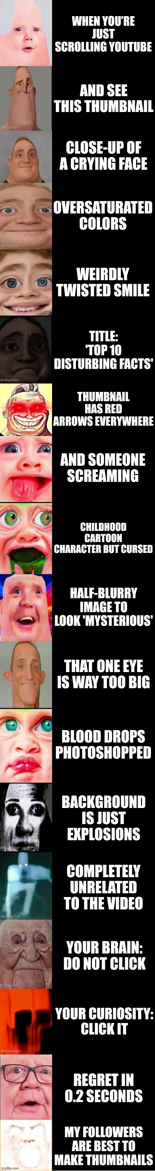 Mr incredible becoming loser: Thumbnails | WHEN YOU’RE JUST SCROLLING YOUTUBE; AND SEE THIS THUMBNAIL; CLOSE-UP OF A CRYING FACE; OVERSATURATED COLORS; WEIRDLY TWISTED SMILE; TITLE: 'TOP 10 DISTURBING FACTS'; THUMBNAIL HAS RED ARROWS EVERYWHERE; AND SOMEONE SCREAMING; CHILDHOOD CARTOON CHARACTER BUT CURSED; HALF-BLURRY IMAGE TO LOOK 'MYSTERIOUS'; THAT ONE EYE IS WAY TOO BIG; BLOOD DROPS PHOTOSHOPPED; BACKGROUND IS JUST EXPLOSIONS; COMPLETELY UNRELATED TO THE VIDEO; YOUR BRAIN: DO NOT CLICK; YOUR CURIOSITY: CLICK IT; REGRET IN 0.2 SECONDS; MY FOLLOWERS ARE BEST TO MAKE THUMBNAILS | image tagged in mrdweller fixed template v1 | made w/ Imgflip meme maker