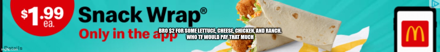 trash | BRO $2 FOR SOME LETTUCE, CHEESE, CHICKEN, AND RANCH.
WHO TF WOULD PAY THAT MUCH | image tagged in mcdonalds | made w/ Imgflip meme maker