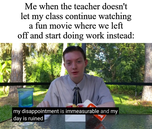 School memes | Me when the teacher doesn't let my class continue watching a fun movie where we left off and start doing work instead: | image tagged in my disappointment is immeasurable,memes,funny,school | made w/ Imgflip meme maker