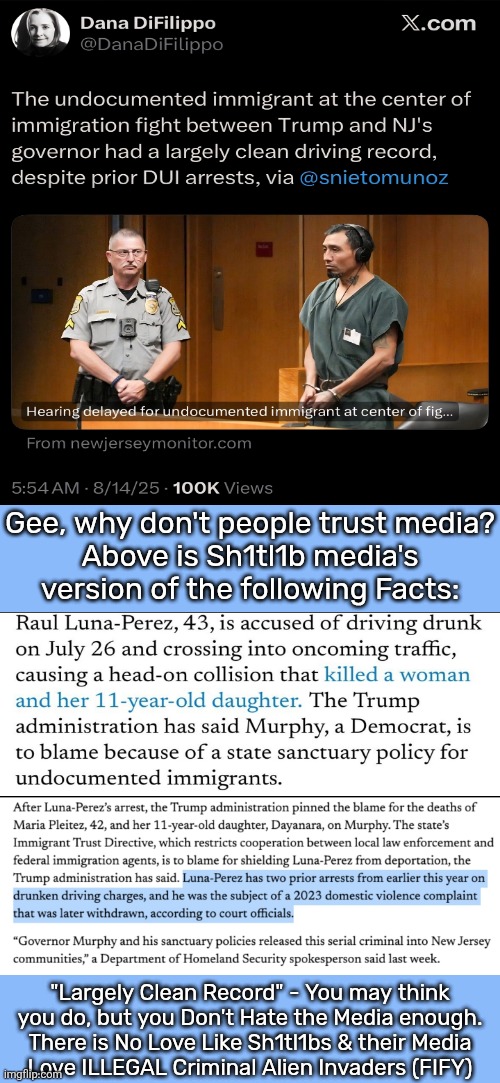 Gee, why don't people trust media?
Above is Sh1tl1b media's
version of the following Facts:; "Largely Clean Record" - You may think
 you do, but you Don't Hate the Media enough. 
There is No Love Like Sh1tl1bs & their Media

Love ILLEGAL Criminal Alien Invaders (FIFY) | image tagged in liberal media,media lies,criminals,illegal immigrants,killer,stupid liberals | made w/ Imgflip meme maker