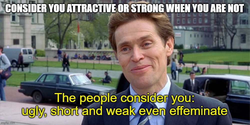 the true vs your fantasy (subjectivity) | CONSIDER YOU ATTRACTIVE OR STRONG WHEN YOU ARE NOT; The people consider you: ugly, short and weak even effeminate | image tagged in you know i'm something of a scientist myself | made w/ Imgflip meme maker