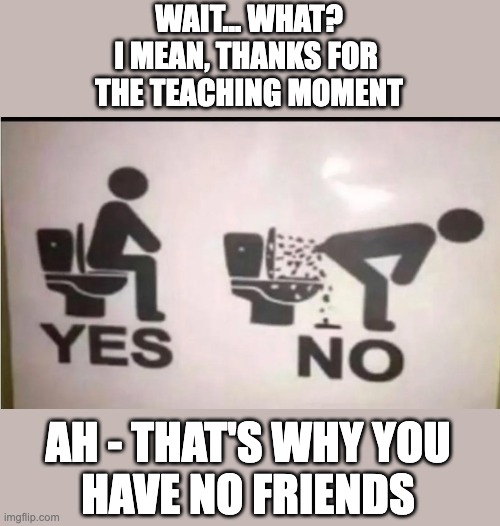 poop shoot | WAIT... WHAT?
I MEAN, THANKS FOR 
THE TEACHING MOMENT; AH - THAT'S WHY YOU
HAVE NO FRIENDS | image tagged in poop shoot | made w/ Imgflip meme maker