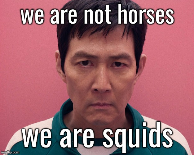Locked In Gihun | we are not horses; we are squids | image tagged in locked in gihun | made w/ Imgflip meme maker