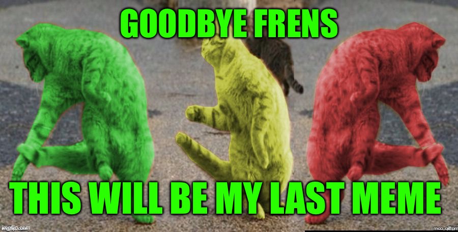 Three Dancing RayCats | GOODBYE FRENS; THIS WILL BE MY LAST MEME | image tagged in three dancing raycats,memes | made w/ Imgflip meme maker