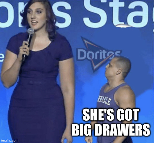 Tall woman small man | SHE'S GOT BIG DRAWERS | image tagged in tall woman small man | made w/ Imgflip meme maker