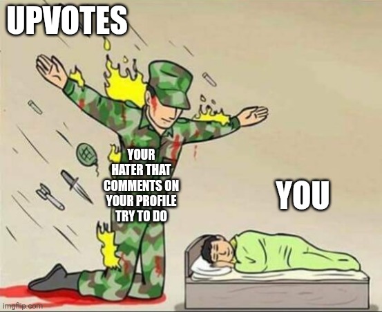 Why... | UPVOTES; YOUR HATER THAT COMMENTS ON YOUR PROFILE TRY TO DO; YOU | image tagged in soldier protecting sleeping child,s,i hate you | made w/ Imgflip meme maker