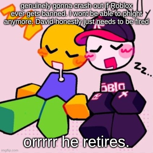 like please dude. this is one of my only sources of inspo and I was planning to make my own Roblox game. | genuinely gonna crash out if Roblox ever gets banned. I wont be able to phight anymore. David honestly just needs to be fired; orrrrr he retires. | image tagged in gayass noob temp | made w/ Imgflip meme maker