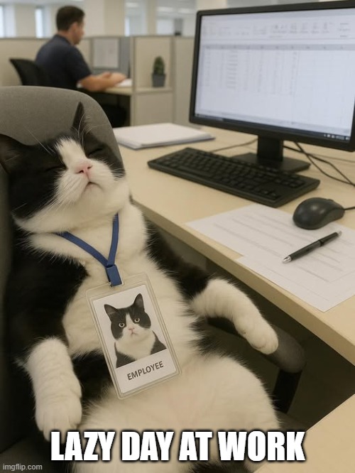Employee Cat | LAZY DAY AT WORK | image tagged in cats | made w/ Imgflip meme maker