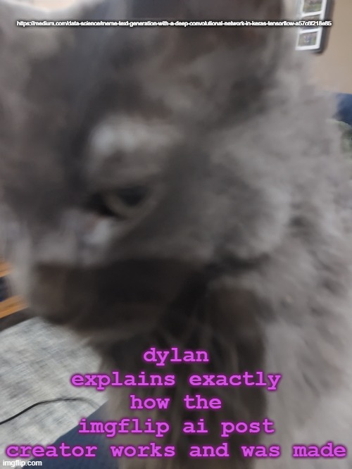 32's Cat | dylan explains exactly how the imgflip ai post creator works and was made; https://medium.com/data-science/meme-text-generation-with-a-deep-convolutional-network-in-keras-tensorflow-a57c6f218e85 | image tagged in 32's cat | made w/ Imgflip meme maker