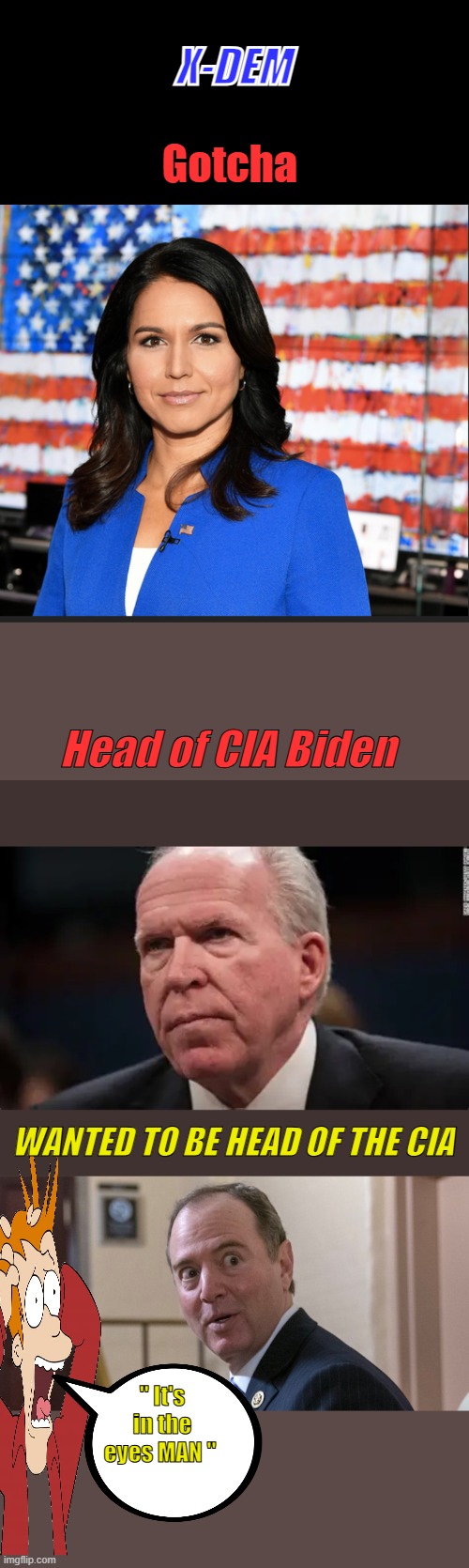 X-DEM; Gotcha; Head of CIA Biden; WANTED TO BE HEAD OF THE CIA; " It's in the eyes MAN " | image tagged in tulsi gabbard | made w/ Imgflip meme maker