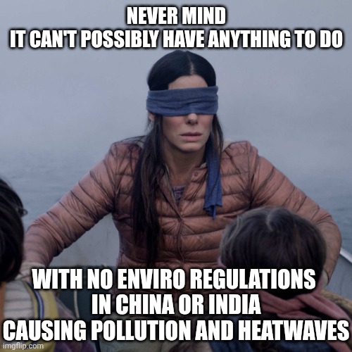 Bird Box Meme | NEVER MIND
IT CAN'T POSSIBLY HAVE ANYTHING TO DO WITH NO ENVIRO REGULATIONS 
IN CHINA OR INDIA CAUSING POLLUTION AND HEATWAVES | image tagged in memes,bird box | made w/ Imgflip meme maker