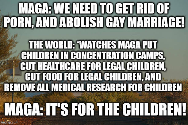 Delulu Statements | MAGA: WE NEED TO GET RID OF PORN, AND ABOLISH GAY MARRIAGE! THE WORLD: *WATCHES MAGA PUT CHILDREN IN CONCENTRATION CAMPS, CUT HEALTHCARE FOR LEGAL CHILDREN, CUT FOOD FOR LEGAL CHILDREN, AND REMOVE ALL MEDICAL RESEARCH FOR CHILDREN; MAGA: IT'S FOR THE CHILDREN! | image tagged in maga,donald trump,usa | made w/ Imgflip meme maker