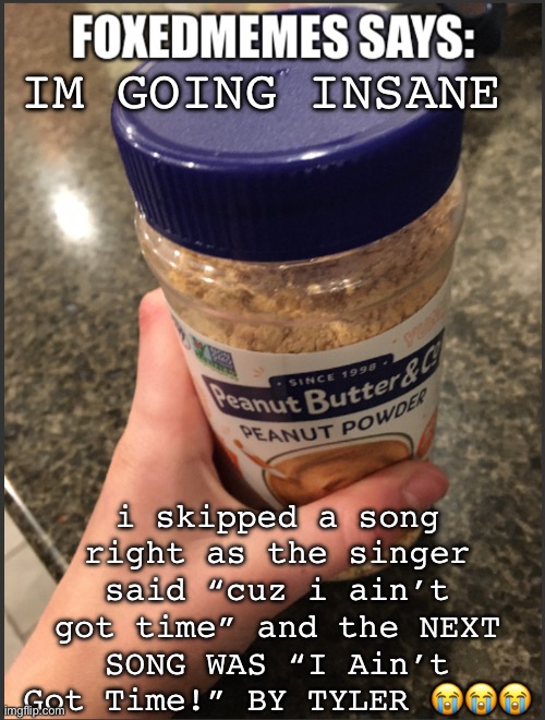 foxedmemes template | IM GOING INSANE; i skipped a song right as the singer said “cuz i ain’t got time” and the NEXT SONG WAS “I Ain’t Got Time!” BY TYLER 😭😭😭 | image tagged in foxedmemes template | made w/ Imgflip meme maker