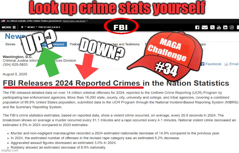 MAGA Challenge #34 - CRIME | Look up crime stats yourself; UP? DOWN? #34 | image tagged in maga,trump,crime,criminals,maga challenge | made w/ Imgflip meme maker