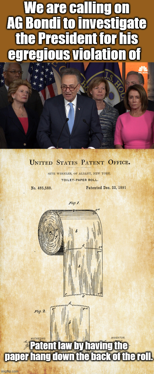 Looking Ahead to the TDS Outbreak for the Week  8/18 | We are calling on AG Bondi to investigate the President for his egregious violation of; Patent law by having the paper hang down the back of the roll. | image tagged in democrat congressmen,toilet paper patent | made w/ Imgflip meme maker