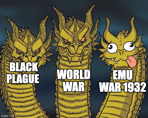 The dangerous Era | WORLD WAR; BLACK PLAGUE; EMU WAR 1932 | image tagged in three dragons | made w/ Imgflip meme maker