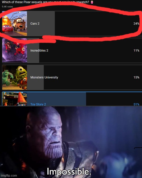 wait... people are willing to watch Cars 2!? | image tagged in thanos impossible | made w/ Imgflip meme maker