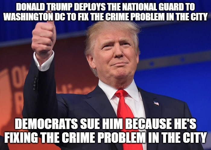 When will Democrat voters realize it isn't Donald Trump that's the problem, it's their own crappy party? | DONALD TRUMP DEPLOYS THE NATIONAL GUARD TO WASHINGTON DC TO FIX THE CRIME PROBLEM IN THE CITY; DEMOCRATS SUE HIM BECAUSE HE'S FIXING THE CRIME PROBLEM IN THE CITY | image tagged in donald trump,maga,washington dc,national guard,democrats | made w/ Imgflip meme maker