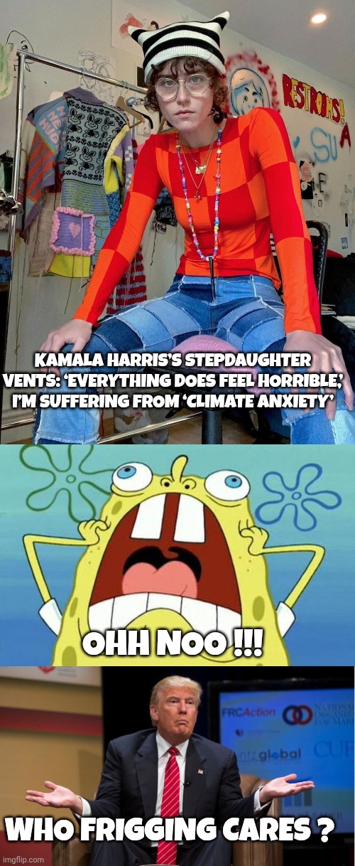 kamala harris daughter meme | KAMALA HARRIS’S STEPDAUGHTER VENTS: ‘EVERYTHING DOES FEEL HORRIBLE,’ I’M SUFFERING FROM ‘CLIMATE ANXIETY’; OHH NOO !!! WHO FRIGGING CARES ? | image tagged in oh no,who cares | made w/ Imgflip meme maker