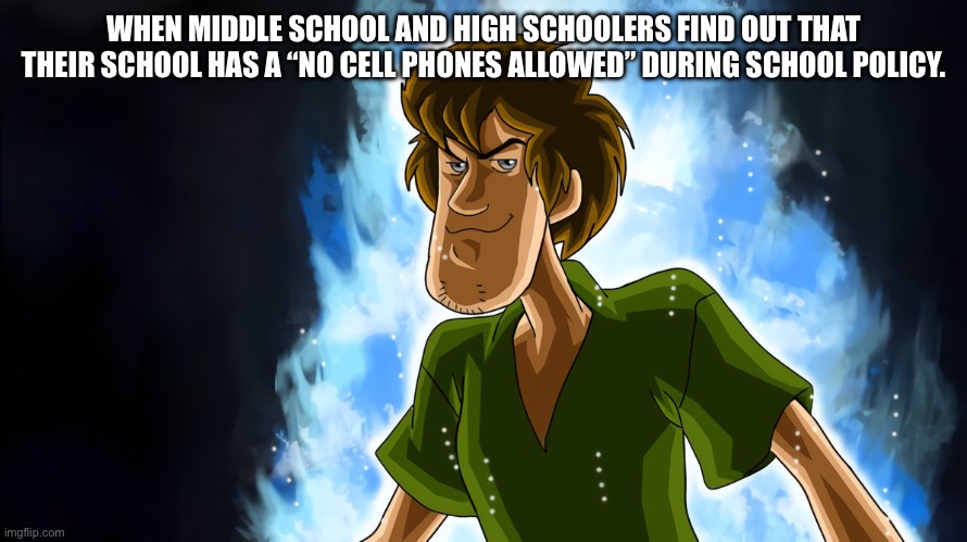 No cell phones allowed during school time?  For real? | WHEN MIDDLE SCHOOL AND HIGH SCHOOLERS FIND OUT THAT THEIR SCHOOL HAS A “NO CELL PHONES ALLOWED” DURING SCHOOL POLICY. | image tagged in ultra instinct shaggy,shaggy,cell phone,smartphone,school meme,first day of school | made w/ Imgflip meme maker