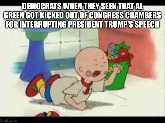 Democrats are just like Caillou! | DEMOCRATS WHEN THEY SEEN THAT AL GREEN GOT KICKED OUT OF CONGRESS CHAMBERS FOR INTERRUPTING PRESIDENT TRUMP’S SPEECH | image tagged in caillou's tantrum,caillou,angry caillou,democrats,al green,trump | made w/ Imgflip meme maker
