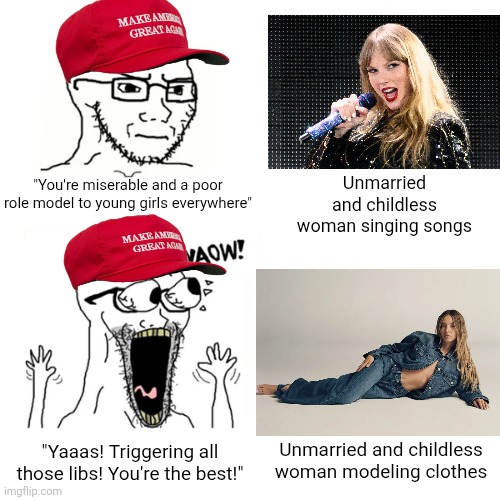 Right hated one unmarried and childless woman but now simp for another unmarried and childless woman | "You're miserable and a poor role model to young girls everywhere"; Unmarried and childless woman singing songs; Unmarried and childless woman modeling clothes; "Yaaas! Triggering all those libs! You're the best!" | image tagged in waow wojak,taylor swift,sidney sweeney,conservative hypocrisy,misogyny | made w/ Imgflip meme maker