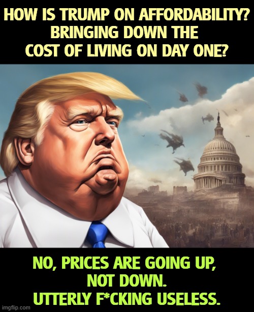 Trump Capitol - sad, frustrated, incompetent, loser. | HOW IS TRUMP ON AFFORDABILITY?
BRINGING DOWN THE 
COST OF LIVING ON DAY ONE? NO, PRICES ARE GOING UP, 
NOT DOWN.
UTTERLY F*CKING USELESS. | image tagged in trump capitol - sad frustrated incompetent loser,trump,incompetence,cost of living,affordability,prices | made w/ Imgflip meme maker