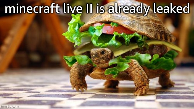 Tortoise sandwich | minecraft live II is already leaked | image tagged in tortoise sandwich | made w/ Imgflip meme maker