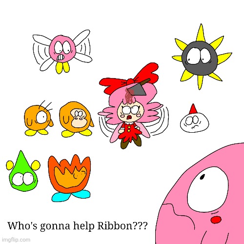 Kirby and all of the Kirby enemies are shocked to see Ribbon getting injured | image tagged in kirby,gore,blood,funny,parody,fanart | made w/ Imgflip meme maker