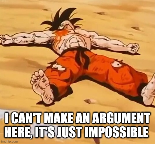 Goku Defeated | I CAN'T MAKE AN ARGUMENT HERE, IT'S JUST IMPOSSIBLE | image tagged in goku defeated | made w/ Imgflip meme maker