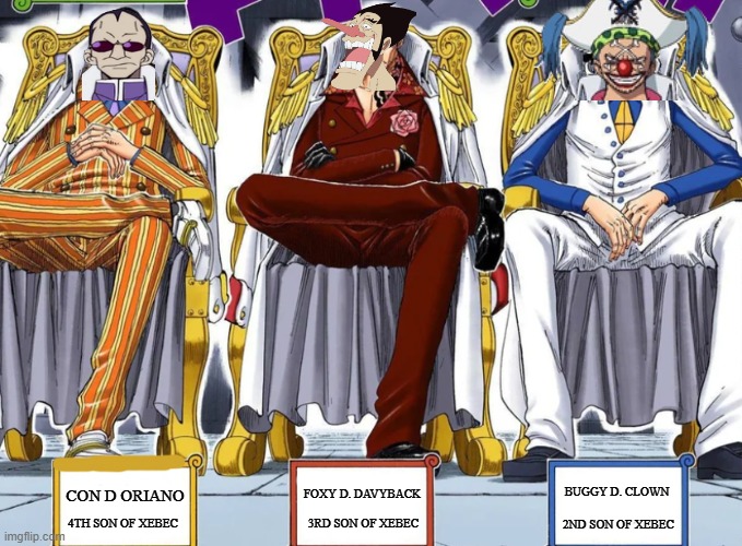 Sons of Xebec | FOXY D. DAVYBACK; CON D ORIANO; BUGGY D. CLOWN; 2ND SON OF XEBEC; 3RD SON OF XEBEC; 4TH SON OF XEBEC | image tagged in one piece,meme,lol | made w/ Imgflip meme maker
