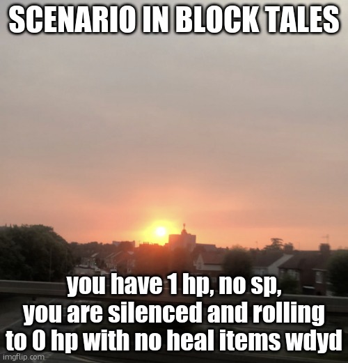 Sunset | SCENARIO IN BLOCK TALES; you have 1 hp, no sp, you are silenced and rolling to 0 hp with no heal items wdyd | image tagged in sunset | made w/ Imgflip meme maker