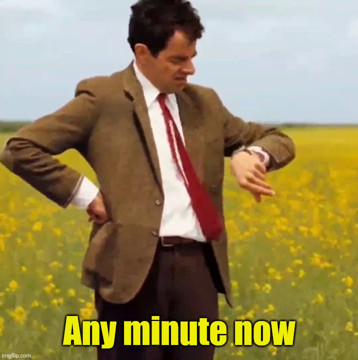 Mr. Bean waiting | Any minute now | image tagged in mr bean waiting | made w/ Imgflip meme maker