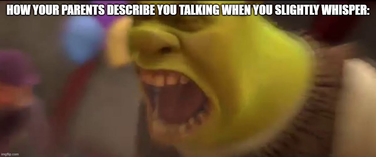 Shrek screaming | HOW YOUR PARENTS DESCRIBE YOU TALKING WHEN YOU SLIGHTLY WHISPER: | image tagged in shrek screaming | made w/ Imgflip meme maker