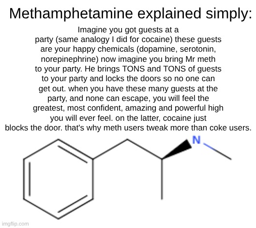 buffer cousin of cocaine | Methamphetamine explained simply:; Imagine you got guests at a party (same analogy I did for cocaine) these guests are your happy chemicals (dopamine, serotonin, norepinephrine) now imagine you bring Mr meth to your party. He brings TONS and TONS of guests to your party and locks the doors so no one can get out. when you have these many guests at the party, and none can escape, you will feel the greatest, most confident, amazing and powerful high you will ever feel. on the latter, cocaine just blocks the door. that's why meth users tweak more than coke users. | made w/ Imgflip meme maker