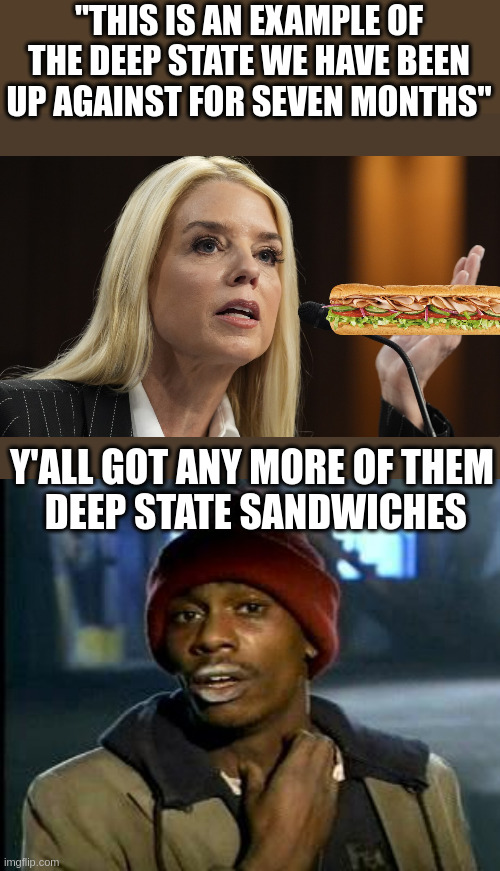 60% of Americans Would Love It If You Threw Them a Free Sandwich | "THIS IS AN EXAMPLE OF THE DEEP STATE WE HAVE BEEN UP AGAINST FOR SEVEN MONTHS"; Y'ALL GOT ANY MORE OF THEM
 DEEP STATE SANDWICHES | image tagged in pam bondi dog ate my homework,yall got any more of | made w/ Imgflip meme maker