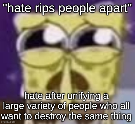 Spunchbop all sad n shit | "hate rips people apart"; hate after unifying a large variety of people who all want to destroy the same thing | image tagged in spunchbop all sad n shit | made w/ Imgflip meme maker