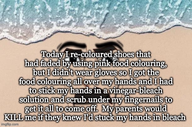 a very weird story, read at your own discretion | Today I re-coloured shoes that had faded by using pink food colouring, but I didn't wear gloves so I got the food colouring all over my hands and I had to stick my hands in a vinegar-bleach solution and scrub under my fingernails to get it all to come off.  My parents would KILL me if they knew I'd stuck my hands in bleach | image tagged in are you shore virian edition | made w/ Imgflip meme maker