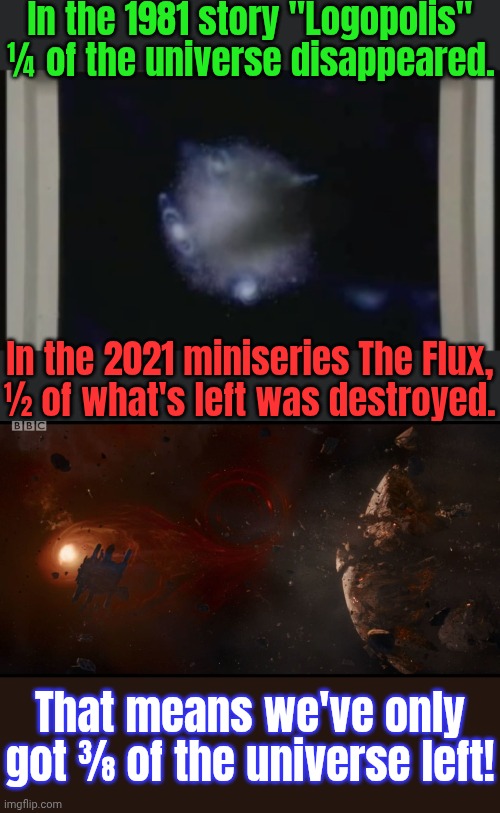 At least E-space is safe. | In the 1981 story "Logopolis" ¼ of the universe disappeared. In the 2021 miniseries The Flux,
½ of what's left was destroyed. That means we've only got ⅜ of the universe left! | image tagged in entropy,the flux,doctor who,end of the world,loss | made w/ Imgflip meme maker