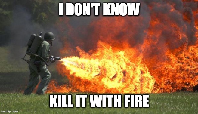 flamethrower | I DON'T KNOW KILL IT WITH FIRE | image tagged in flamethrower | made w/ Imgflip meme maker
