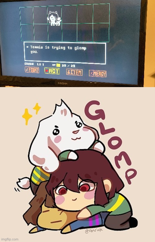 Too bad we’re allergic to Tem | image tagged in glomp cute asriel chara and frisk,hoi,im temmie | made w/ Imgflip meme maker
