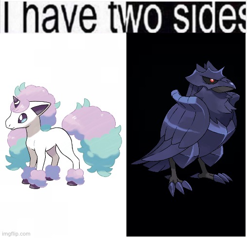 Why are my fashion choices the equivalent of these two pokemon | image tagged in i have two sides | made w/ Imgflip meme maker