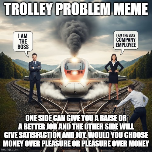 Trolley Problem meme | TROLLEY PROBLEM MEME; ONE SIDE CAN GIVE YOU A RAISE OR A BETTER JOB AND THE OTHER SIDE WILL GIVE SATISFACTION AND JOY. WOULD YOU CHOOSE MONEY OVER PLEASURE OR PLEASURE OVER MONEY | image tagged in funny,memes,good guy boss,hot girl | made w/ Imgflip meme maker