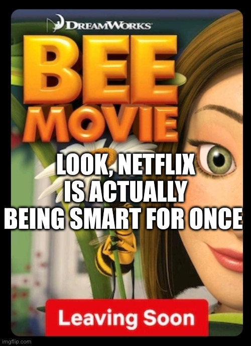 so long bee movie | LOOK, NETFLIX IS ACTUALLY BEING SMART FOR ONCE | image tagged in bee movie,netflix,leaving soon | made w/ Imgflip meme maker